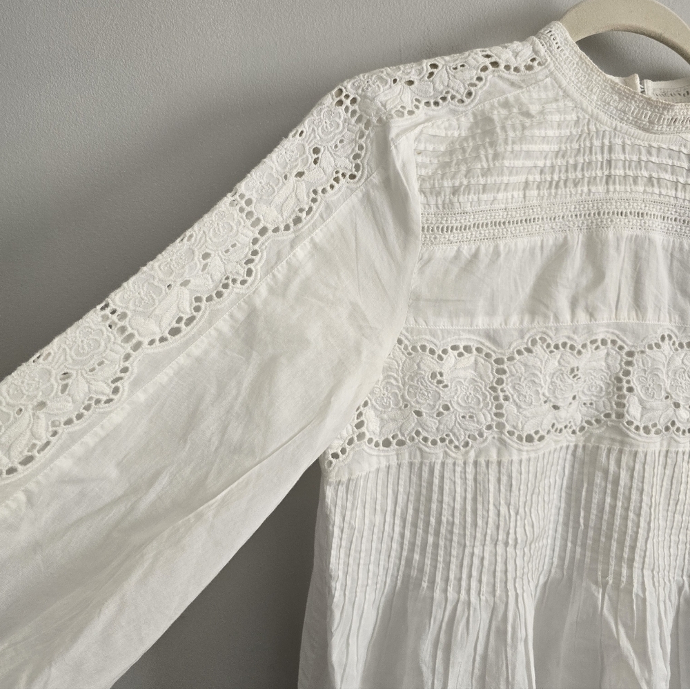 All Saints Elaia Bright White Eyelet Embroidered Semi Sheer Pleated Cotton Top 0 - Picture 6 of 9